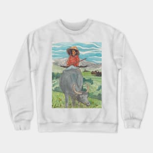 Girl Rides On Water Buffalo Vietnam Countryside Crewneck Sweatshirt